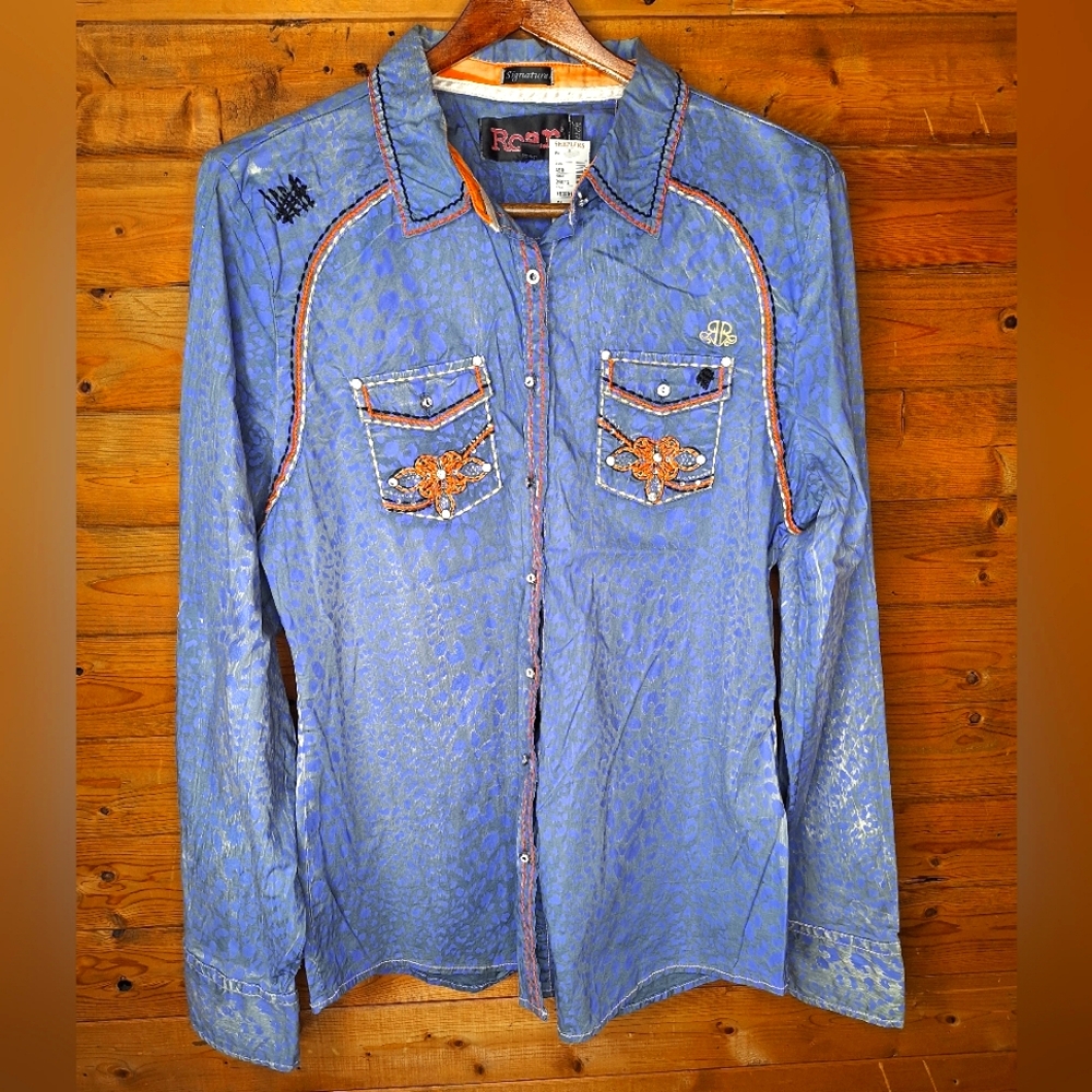 ❤️ NWT Roar Shirt Womens Blue Western Embellished Rhinestone Cowgirl Size XL